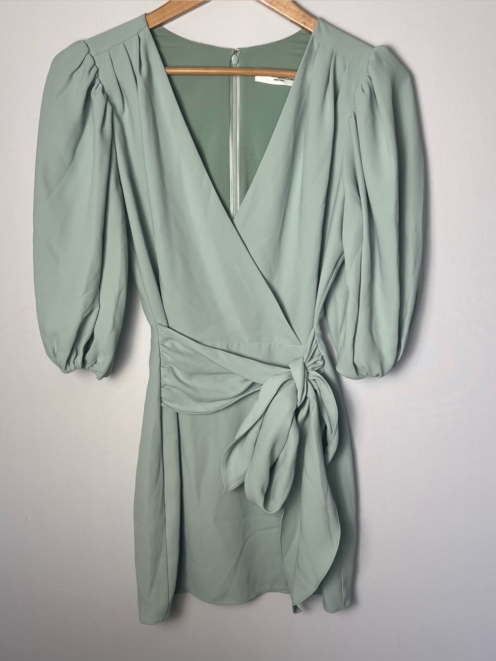 Amanda Uprichard Revolve Alida Mini Wrap Tie Dress Thyme Green XS Balloon Sleeve - Picture 2 of 10
